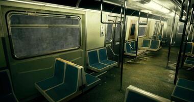 CGI Abandoned subway train interior with empty seats and wet floor at night video
