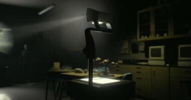 CGI Old classroom with an overhead projector ready for presentation video