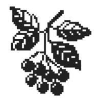 Black and white pixel art illustration of a berry branch with leaves and berries, vintage retro design isolated on white background vector