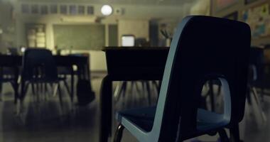 CGI Empty classroom setting with a focus on chair and desk during quiet time video