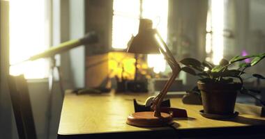 CGI Workspace with a desk lamp and indoor plant in a sunlit room video