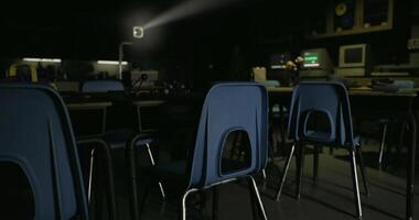CGI Empty classroom with blue chairs and dim lighting during a lesson video
