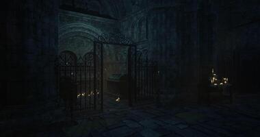 CGI Dark, ancient crypt with ornate gate and lit candles in a mysterious setting video