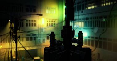 CGI Urban night setting with colorful lights and electrical poles in a city video