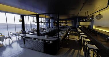 CGI Modern dining area with elegant design and large windows overlooking landscape video