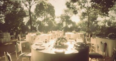 CGI Elegant outdoor dining setup for a celebration in a serene forest setting video