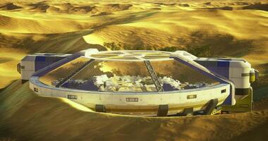 CGI Exploration of a futuristic laboratory in a desert landscape at sunset video