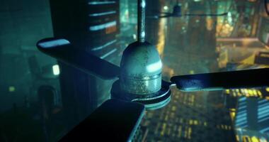 CGI Fan spins in a futuristic cityscape filled with vibrant lights at night video