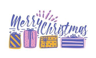 Merry Christmas holiday wish written with cursive calligraphic font and decorated by row of gift boxes. Festive decorative inscription. Colorful illustration for greeting card, postcard. vector