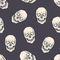 Seamless pattern with horrible realistic human skulls on dark background. Backdrop with frightening dead heads. Halloween monochrome illustration for wrapping paper, wallpaper, textile print. vector