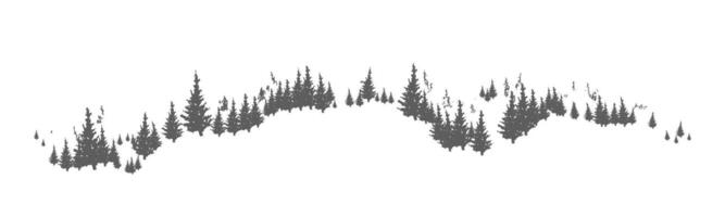 Horizon line with hand drawn silhouettes of coniferous trees growing on hills or mountains. Forest panorama with pines or spruces. Natural monochrome decorative element. illustration. vector