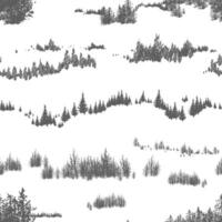 Seamless pattern with hand drawn woodland trees and shrubs growing on hills or mountains. Backdrop in black and white colors with natural landscape. illustration for textile print, wallpaper. vector