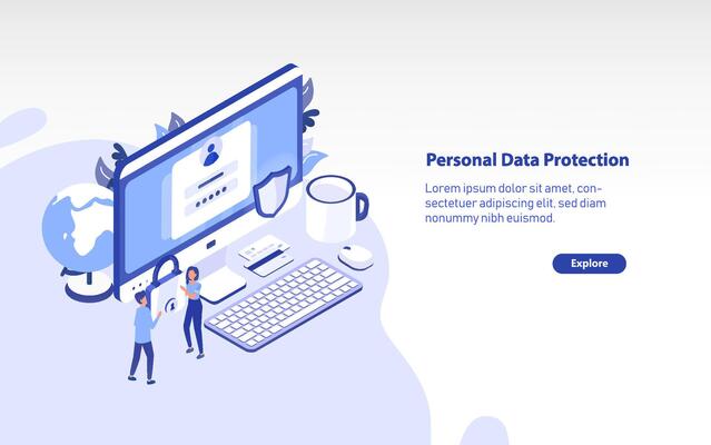 Web banner template with giant computer, pair of tiny people carrying padlock and place for text. Personal data protection, secure digital information access. Colorful isometric illustration.