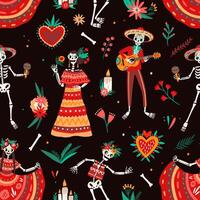Colorful skeletons dancing in a pattern vector