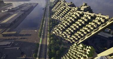CGI Modern architectural design along a waterfront with urban landscape video