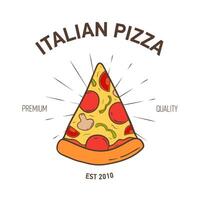 Elegant logotype with pizza slice and radial rays on white background. Colored illustration hand drawn in vintage style for label or logo of Italian gourmet meals or fast food delivery service. vector