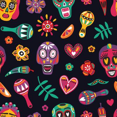 Festive seamless pattern with decorative skulls, Catrina's face, flowers, chili peppers, maracas on black background. Bright colored holiday illustration for Dia de los Muertos backdrop.