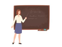 Smiling young female school or college teacher, professor, education worker standing beside chalkboard, holding pointer and giving lecture. Colored illustration in flat cartoon style. vector
