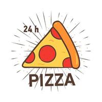 Trendy logotype with pizza slice and radial rays on white background. Colorful illustration hand drawn in retro style for label or logo of Italian restaurant, 24 hours food delivery service. vector