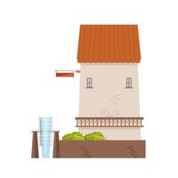 Watermill with brick walls and wheel isolated on white background. Old water mill. Farming structure with rotating mechanism. Countryside building. Colored illustration in flat cartoon style. vector
