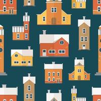 Seamless pattern with antique city buildings, clock towers. Backdrop with residential houses of old European architecture. Colored illustration in flat cartoon style for textile print. vector