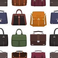 Elegant seamless pattern with leather men's bags or handbags of various types on white background. Backdrop with classic and casual accessories. Colored illustration for wrapping paper. vector