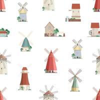 Colorful seamless pattern with watermills and windmills on white background. Backdrop with old European wind and water mills. illustration in flat cartoon style for wrapping paper, wallpaper. vector