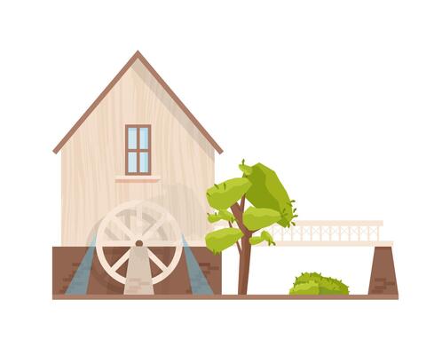 Facade of watermill with rotating wheel isolated on white background. European water mill. Farm structure for agricultural production. Village building. illustration in flat cartoon style.