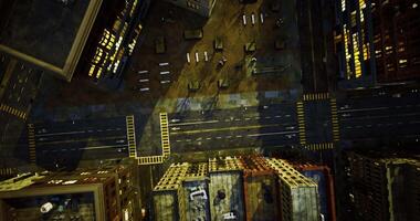 CGI City streets and rooftops viewed from above during early evening video