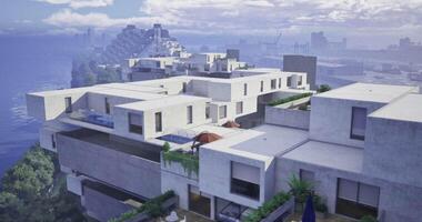 CGI Modern architecture design overlooking a waterfront city with vibrant clouds video