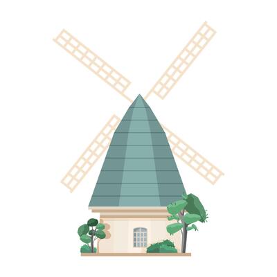 Windmill isolated on white background. Old European post mill. Farm structure or construction for agricultural production. Countryside building. Colored illustration in flat cartoon style.