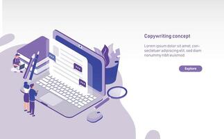 Modern horizontal web banner template with tiny people standing in front of giant laptop and looking at text displaying on screen. Copywriting, content management and SEO. Colored illustration. vector