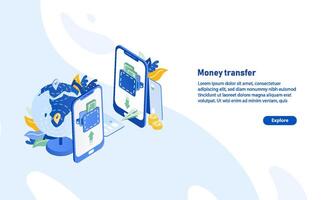 Horizontal web banner template with pair of smartphones, globe, flying paper plane and place for text. Secure and fast international electronic money transfer service. Isometric illustration. vector