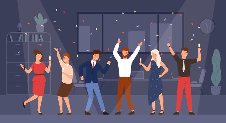 Joyful managers or colleagues celebrating holiday together. Happy men and women having fun and drinking champagne at office corporate party. Colorful illustration in flat cartoon style.
