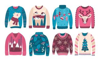 Bundle of ugly Christmas sweaters or jumpers isolated on white background. Collection of odd or strange seasonal woolen clothes with holiday prints and patterns. Flat cartoon illustration. vector