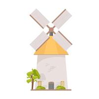 Holland windmill isolated on white background. Smock mill. Farm structure or construction with rotating wooden blades and entrance. Countryside building. illustration in flat cartoon style. vector