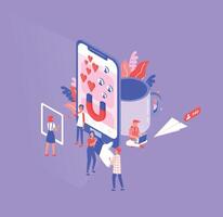 Isometric composition with tiny men and women and giant smartphone, cup and paper plane. Social media and network tools for internet marketing, promotion. Modern colored illustration. vector