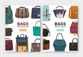 Set of vertical banner, flyer or poster templates with stylish bags, backpacks and handbags of different types and place for text. Colorful illustration for accessory shop advertisement. vector