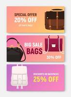 Bundle of horizontal banner, coupon or voucher templates with trendy elegant bags and handbags of different types and place for text. Colored illustration for shop or store sale promotion. vector