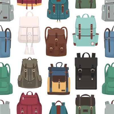 Colored seamless pattern with trendy backpacks or rucksacks of different models. Backdrop with stylish bags on white background. illustration for textile print, wrapping paper, wallpaper.