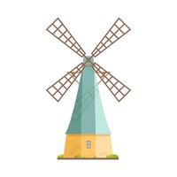 Old windmill isolated on white background. Dutch smock or tower mill. Agricultural construction with rotating mechanism. Countryside building. Colorful illustration in flat cartoon style. vector