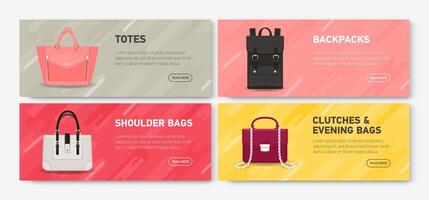 Collection of horizontal web banner templates with stylish backpack and handbags of different types and place for text. Colorful illustration for bag store or boutique promotion, advertisement. vector