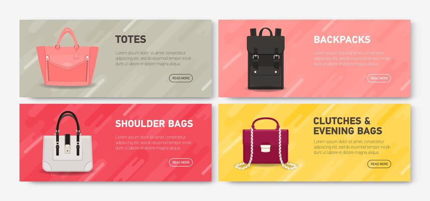Collection of horizontal web banner templates with stylish backpack and handbags of different types and place for text. Colorful illustration for bag store or boutique promotion, advertisement.