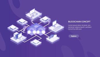Horizontal banner template with computers connected into blockchain formation or Bitcoin network and place for text. Isometric illustration for cryptocurrency service internet advertisement. vector