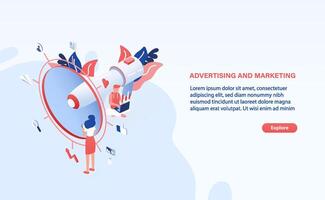 Modern web banner template with giant megaphone or bullhorn, tiny people or office workers and place for text. Internet advertising and marketing. Colorful creative isometric illustration. vector