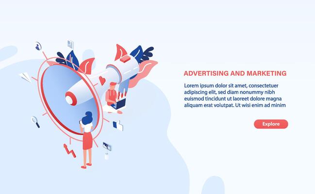 Modern web banner template with giant megaphone or bullhorn, tiny people or office workers and place for text. Internet advertising and marketing. Colorful creative isometric illustration.