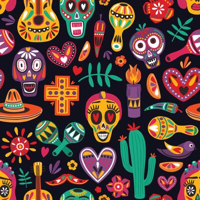 Colored seamless pattern with traditional Dia de los Muertos decorations on black background. Holiday backdrop. Festive flat cartoon illustration for wrapping paper, textile print, wallpaper.