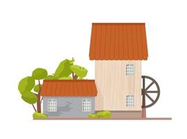 Exterior of watermill with water wheel isolated on white background. Old Dutch mill and trees. Countryside construction, structure or building. Colored illustration in flat cartoon style. vector