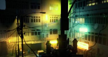 CGI Vibrant neon lights reflect off buildings in a bustling urban area at night video