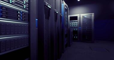 CGI High tech data center with server racks and blue lighting at night video